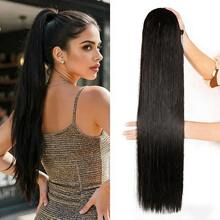 直发马尾接发，带夹子和抽绳，巴西直发，100% 未经加工的真人发，自然夹式马尾 - Natural Black - 查看 2