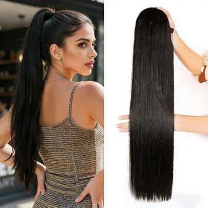 直发马尾接发，带夹子和抽绳，巴西直发，100% 未经加工的真人发，自然夹式马尾