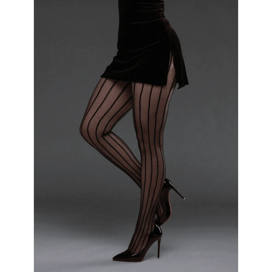 1pc Vertical Striped High Elasticity Fishnet Leggings, Sexy Tight Stockings Gothic Punk Fashion - màu đen - Xem 1