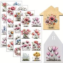 4pcs/Set Whimsical Flowers Spring Theme UV Transfer Stickers | Self-Adhesive Plastic Decals For Crafts, Mugs, Laptops & Water Bottles, Red Color, High-Quality Prints, Single Use - Multicolor - View 5