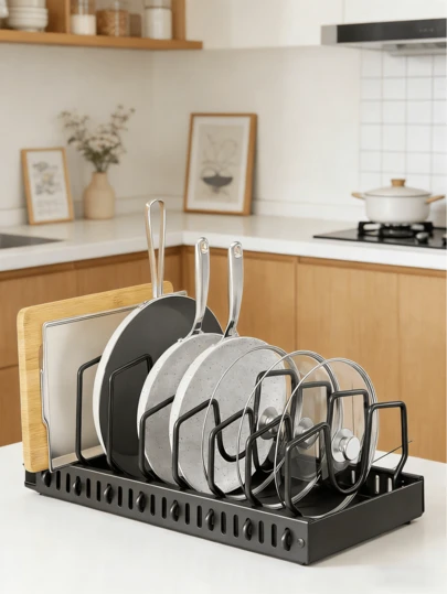 [省スペースキッチンオーガナイザー] 2個入り 拡張可能な省スペース調節式金属製キッチンオーガナイザーレック（仕切り付き） - 鍋、フライパン、ベーキングシート、蓋のキャビネット下収納用 - キッチン整理収納用品