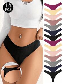 14pcs/Set Solid Color Low Waist Seamless Cotton Thong Panties, Soft & Comfortable Women's Underwear - Multicolor - View 4