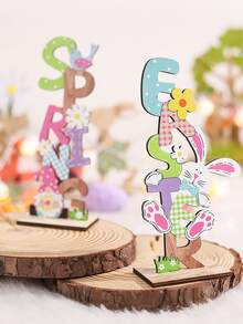 2件套复活节快乐木质桌面摆件 | “SPRING”和“EASTER”主题字母，配有兔耳朵、迷你矮人、白兔、复活节彩蛋、胡萝卜和花朵图案，复活节礼物 - 彩色 - 查看 2
