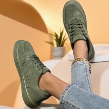 Women's Casual Sneakers, Student Style Skateboard Shoes, Fashionable Low-Top Lace-Up Olive Green Athletic Shoes, Suitable For Walking And Commuting, All Season - Olive Green - View 6