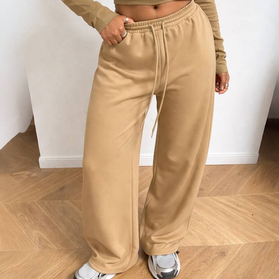 Women's Wide Leg Sweatpants, Plain Cotton, Casual, Lined, For Training, Streetwear - 米色 - 查看 1