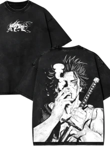 Men's Washed T-Shirt, Retro Anime Print T-Shirt.  Sukehiro X Black Bulls Black Clover Anime Double Printed Vintage Washed Tee Top Anime Graphic Soft Casual Graphic Tee Everyday Fity2k,Vintage,Streetwear,Outfits For Everyday Casual Wear, Anime-Themed Parties, Or Holidays - Black - View 1