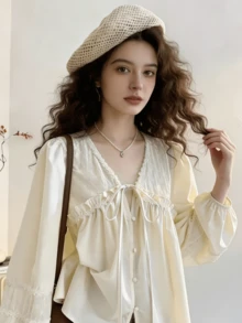 Plus Size Women's Elegant Embroidered Beige Lace Trim Ruffle Blouse - Beige - View 2