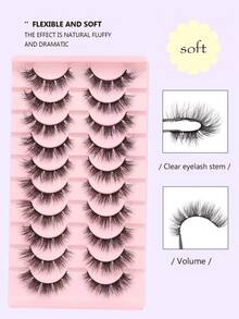 10 Pairs Of Transparent Russian-Style Curly Natural False Eyelashes, D-Shaped Curly And Long, Imitation Fur Eyelashes, 16mm Curly, Natural Style, False Eyelash Set, Cat-Eye Style With Extended Tail, Suitable For Beginners, Daily Use, DIY At Home - Fluffy Lashes - View 5