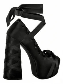 Women's Mary Janes Shoes Goth Lolita Ballet Heels Lace Up Closed Toe Platform Heels Chunky Bow Ribbon Pumps Heels Sexy Strappy Cosplay Elegant Party Shoes - 黑色 - 查看 6