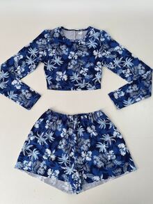 Teen Tropical Beach Set With UV50 Protection: Cropped Top + Printed Shorts 79-C1 - Blue With Blue Background - View 6