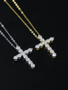 XUJIA 1PC Cross Pendant Necklace For Women Men 925 Sterling Silver Moissanite Necklace Fashion Pendant Necklace 3.5mm*6pcs Round Moissanite Cross Necklace Anniversary Party Birthday Jewelry Gifts - PMO-283 - View 4