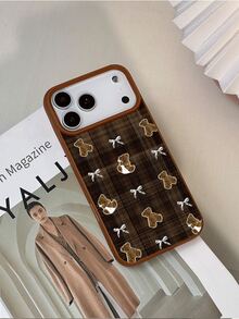 1pc Fashion Personalized Brown Plaid Teddy Bear Bow Pattern Waterproof Shockproof Anti-Slip Soft Leather Phone Case, Suitable As Birthday, Holiday Gift For Friends, Family, Couples, Compatible With Apple, Phones - Multicolor - View 3