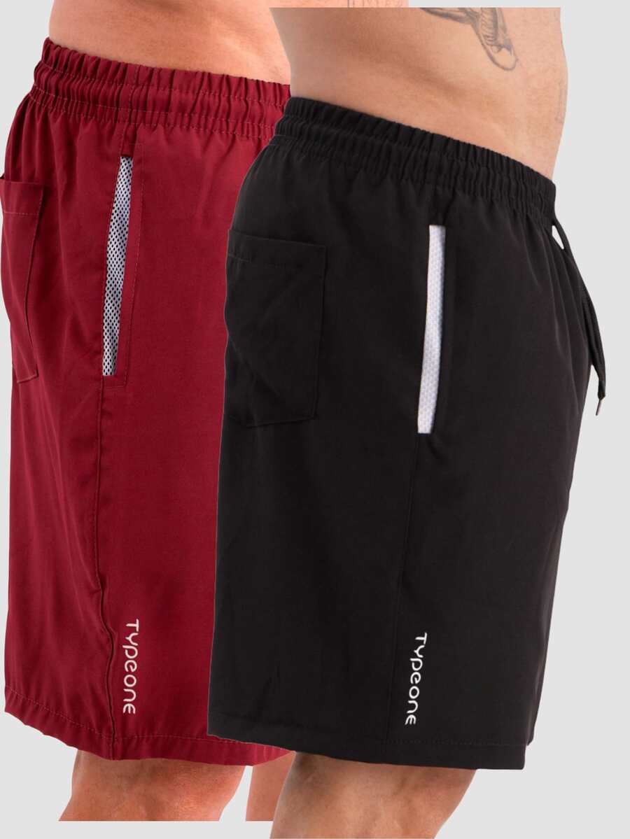 Type One Kit Of 2 Men's Athletic Tactel Shorts, Tactel Bermuda With Elastane, For Summer Running - Black/Wine - View 1