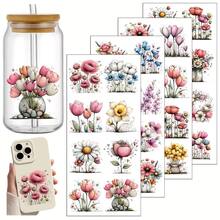 4pcs/Set Whimsical Flowers Spring Theme UV Transfer Stickers | Self-Adhesive Plastic Decals For Crafts, Mugs, Laptops & Water Bottles, Red Color, High-Quality Prints, Single Use - Multicolor - View 1