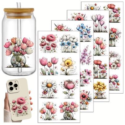 4张/套 梦幻花卉春季主题UV转印贴纸 | 自粘塑料贴纸，适用于工艺品、马克杯、笔记本电脑和水瓶，红色，高品质印刷，耐用，一次性使用