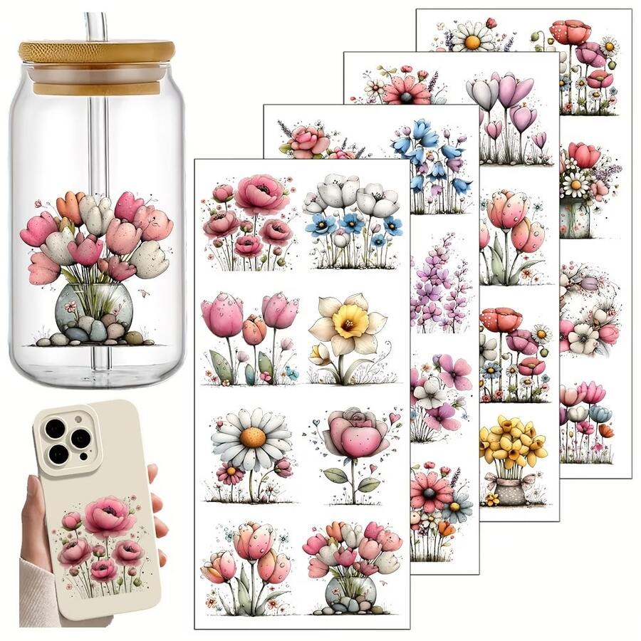 4pcs/Set Whimsical Flowers Spring Theme UV Transfer Stickers | Self-Adhesive Plastic Decals For Crafts, Mugs, Laptops & Water Bottles, Red Color, High-Quality Prints, Single Use - Multicolor - View 1