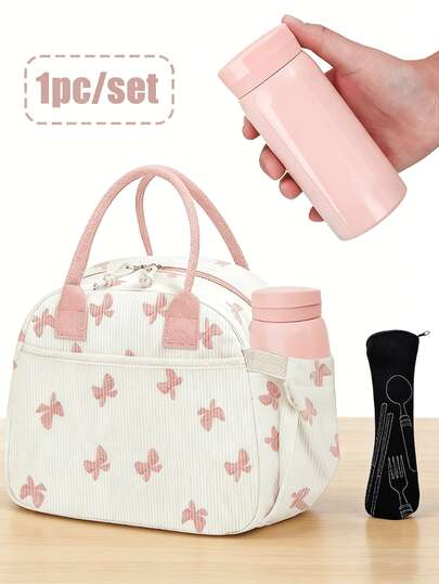 Corduroy Bow Lunch Bag And Insulated Cup - Comes With Cutlery Storage Bag, Women'S Lunch Box, Insulated Lunch Bag, Cute Corduroy Lunch Bag, Reusable Work Lunch Box, Multifunctional Large Capacity Insulated Bag, Mini Insulated Cup 304 Stainless Steel Vacuum Pocket Cup, Simple And Fresh Men'S And Women'S Portable Water Cup Customized Gift, Suitable For Giving To Friends, Family Or Birthday Gifts