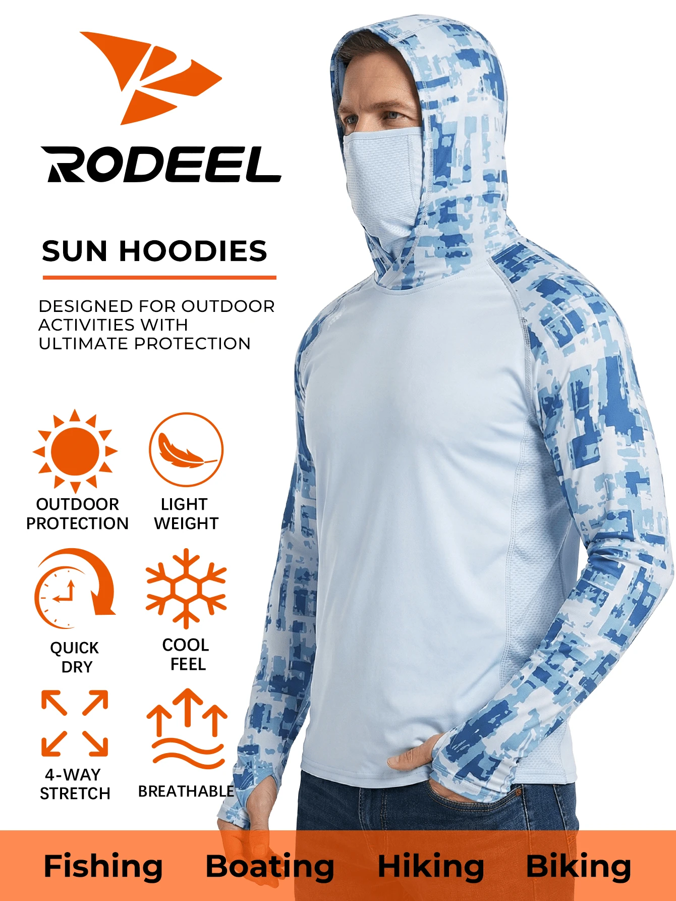 RODEEL 男士連帽面罩連帽衫 - 柔軟輕量 - 適合戶外釣魚、划船、徒步、屋頂維修、木工、建築和景觀美化 - 藍白色 - 查看 1
