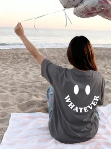 1件女童休闲笑脸印花圆领短袖T恤，夏季学生童装 - 深灰色 - 查看 4