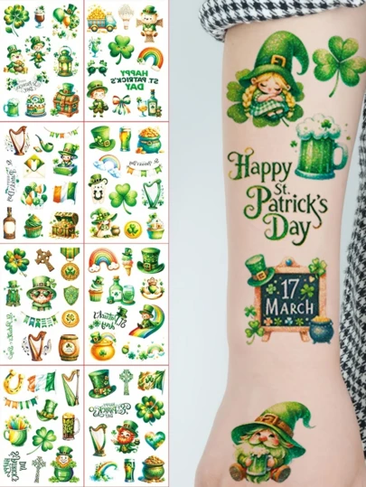 Hình xăm tạm thời lấp lánh chủ đề Ngày Thánh Patrick, bao gồm các họa tiết cỏ ba lá, mũ xanh, yêu tinh, cầu vồng, bóng bay, bia và đàn hạc Celtic, hình dán trang trí nghệ thuật lấp lánh, thích hợp cho các bữa tiệc ngày lễ, diễu hành, trang phục. Hình dán chống thấm nước, hình chữ nhật, giữ được từ 2-5 ngày.