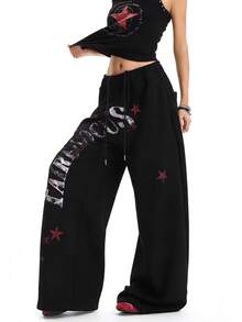Distressed High Street Letter & Star Print Sweatpants, Loose Straight Leg Relaxed Fit Drawstring Casual Pants - Black - View 2