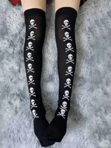1pair Women's Over Knee Socks, Crisscross Bones Halloween Party COS Costume - Multicolor - View 3