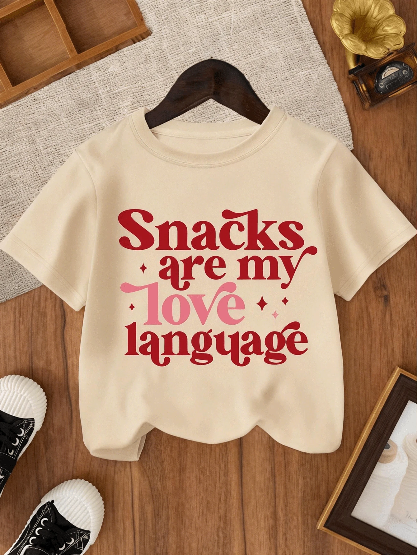 女童标语印花圆领短袖T恤，春夏休闲T恤 - 杏色 - 查看 1