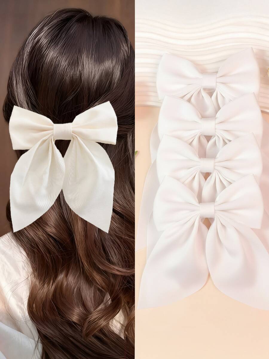 4个柔软长尾蝴蝶结发夹，复古金属发夹和丝绸发圈，优雅发饰，适合女孩、婚礼、派对、情人节、日常佩戴 - 红色蝴蝶结、粉色蝴蝶结、白色蝴蝶结、黑色蝴蝶结、发夹 - 白色 - 查看 1