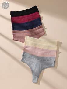 14pcs/Set Solid Color Low Waist Seamless Cotton Thong Panties, Soft & Comfortable Women's Underwear - Multicolor - View 8