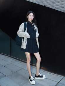 Mochila de poliéster con cierre de cremallera de gran capacidad y logotipo de la marca Converse, bolso de estudiante, mochila de tamaño mediano. - Negro - Ver 11