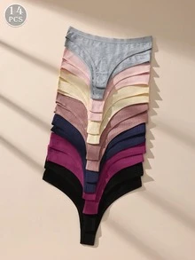14pcs/Set Solid Color Low Waist Seamless Cotton Thong Panties, Soft & Comfortable Women's Underwear - Multicolor - View 6