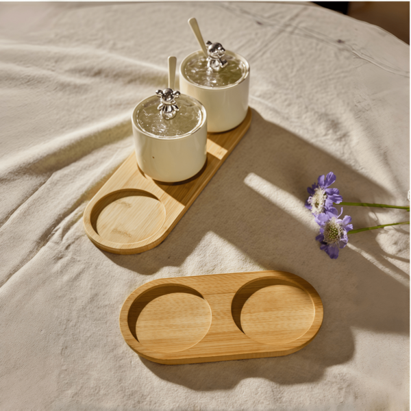 Bandeja de madera para tarros de condimentos, contenor ornamental, bandeja de servicio, bandeja de mesa café redonda, posavasos, bandeja decorativa redonda para botellas de salsa de soja y vinagre, set 1 pieza with 2 o 3 cavidades, para regalo navideño