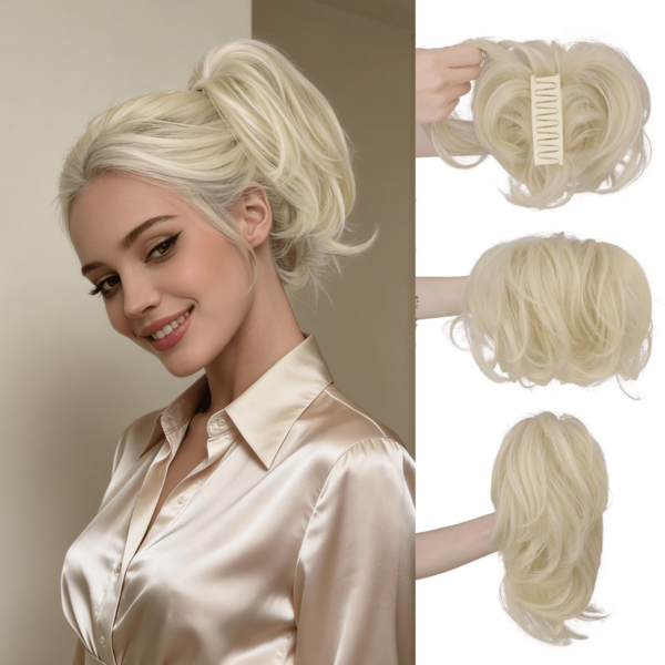  FESHFEN 7-Tooth Claw Clip Short Ponytail Hair Piece, Built-In 4 Bendable Wires For DIY Different Hairstyles,Hair Accesoriesfor Women,Hair Extensions,Fluffy Messy Bun,Straight Synthetic Fiber Wig, Suitable For Women & Fashion Lovers - Perfect For Daily Wear/Parties