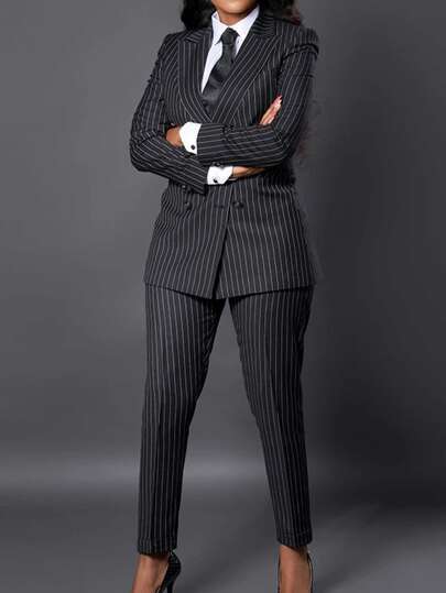 Women's Suit Set With Lapel Collar Long Sleeved Double Breasted Decoration, Striped Blazer And Pants, Casual Commuting, Simple And Efficient Style, Comfortable Work Wearing