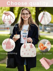 灯芯绒蝴蝶结午餐包和保温杯 - 配有餐具收纳袋，女士午餐盒，保温午餐包，可爱灯芯绒午餐包，可重复使用的工作午餐盒，多功能大容量保温包，迷你保温杯，304不锈钢真空口袋杯，简约清新男女通用便携水杯，可定制礼品，适合赠送朋友、家人或作为生日礼物 - 彩色 - 查看 2