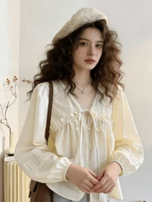 Plus Size Women's Elegant Embroidered Beige Lace Trim Ruffle Blouse - Beige - View 3