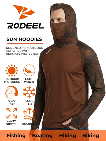 RODEEL 男士户外连帽卫衣，采用变色Logo设计，配有面罩和拇指孔，适合钓鱼、划船、徒步旅行、屋顶作业、建筑施工和园林绿化等户外活动，是情人节送给男友的绝佳礼物。