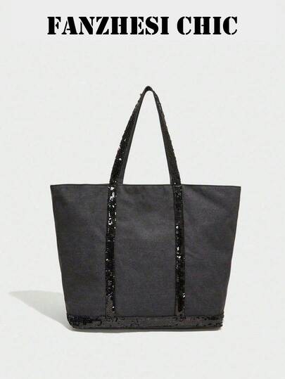 时尚新款法式亮片大容量手提包，个性化复古单肩包，轻便易携尼龙面料休闲包，华丽亮片拼接设计，非常适合日常通勤、学生、工作、购物、户外活动、郊游、精致购物等场合。