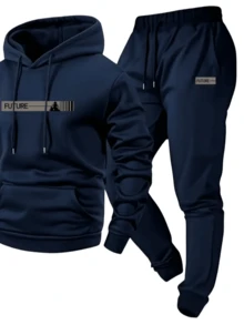 Men's Polyester 2 Piece Hoodie And Jogger Set Navy Blue Minimalist Future Graphic Print Urban Streetwear Soft Breathable Athletic Loungewear Relaxed Fit With Kangaroo Pocket For Gym Running Casual Daily Wear And Outdoor Hangouts Modern City Style Outfit Comfortable All Season Activewear - Màu xanh lam - Xem 4