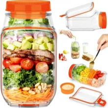 1个侧开式防漏盖沙拉罐，可重复使用，带独立调料盒隔层，适用于沙拉、酱汁、汤、三明治，可用于微波炉、洗碗机、冰箱密封沙拉容器，适用于备餐、午餐、晚餐、办公室和外卖。 - 彩色 - 查看 12