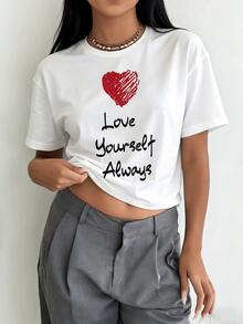 Women's Vintage Love Yourself Self-Love Affirmation T-Shirt - Short Sleeve Crew Neck Casual Top With Heart & Positive Message Print, Medium-Stretch Summer Spring C - 風格 - 查看 1
