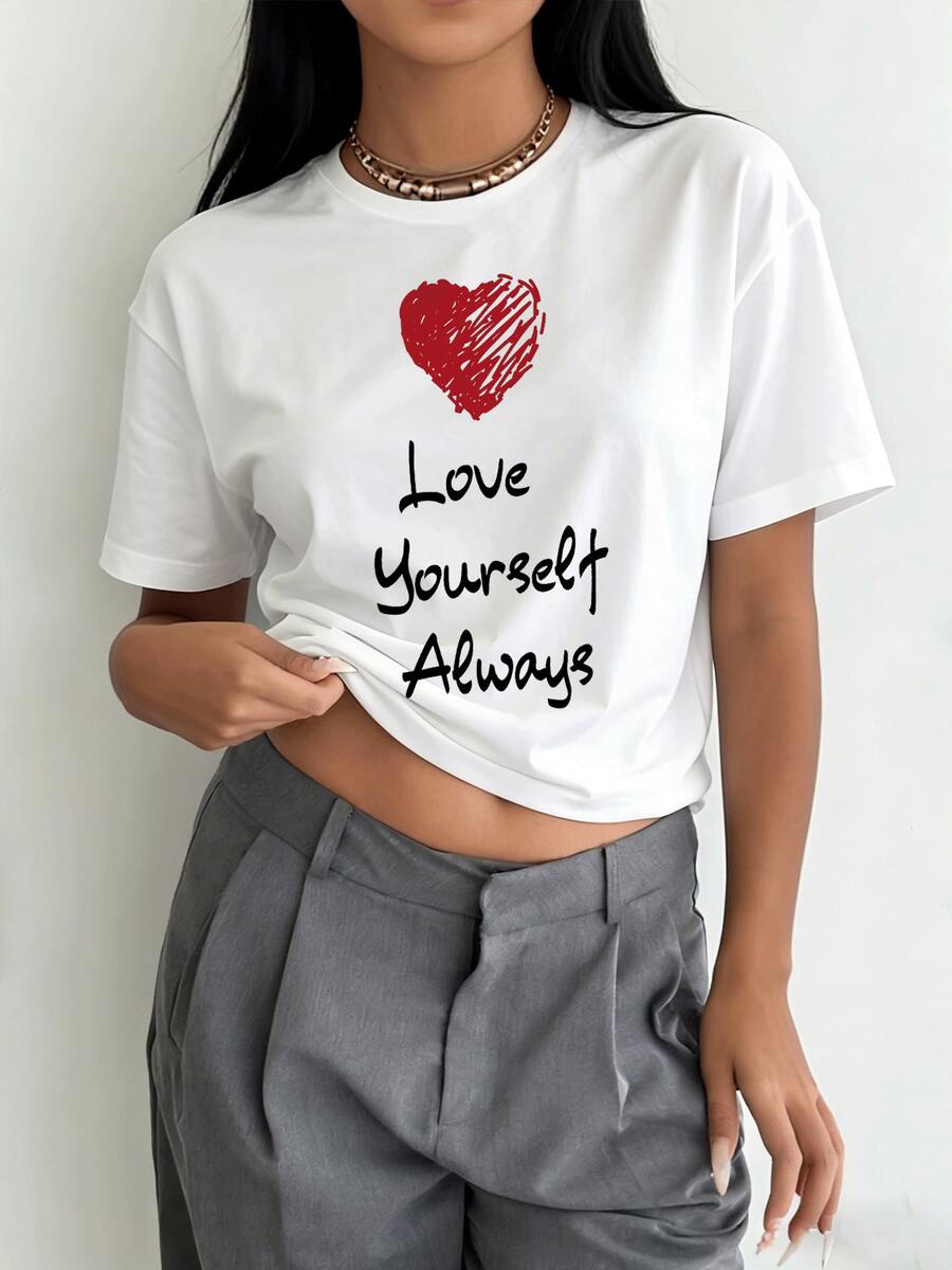 Women's Vintage Love Yourself Self-Love Affirmation T-Shirt - Short Sleeve Crew Neck Casual Top With Heart & Positive Message Print, Medium-Stretch Summer Spring C - 風格 - 查看 1
