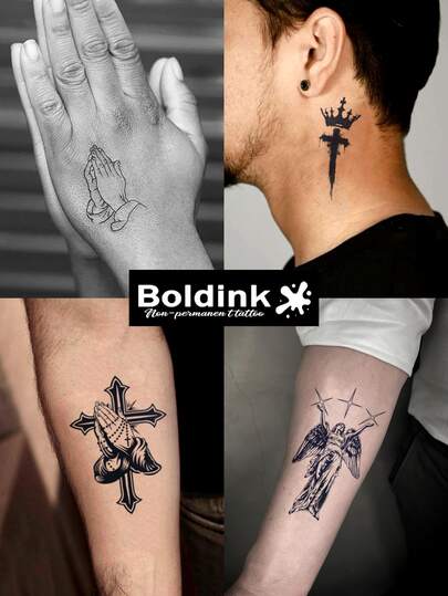 Boldink 2片装十字架神灵祈祷系列装饰性临时防水身体彩绘纹身贴纸，持久1-2周，植物汁液纹身贴纸，秋冬季身体装饰的理想之选，男女皆宜，潮流达人必备