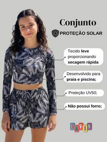 Teen Tropical Beach Set With UV50 Protection: Cropped Top + Printed Shorts 79-C1 - 黑與白 - 查看 2