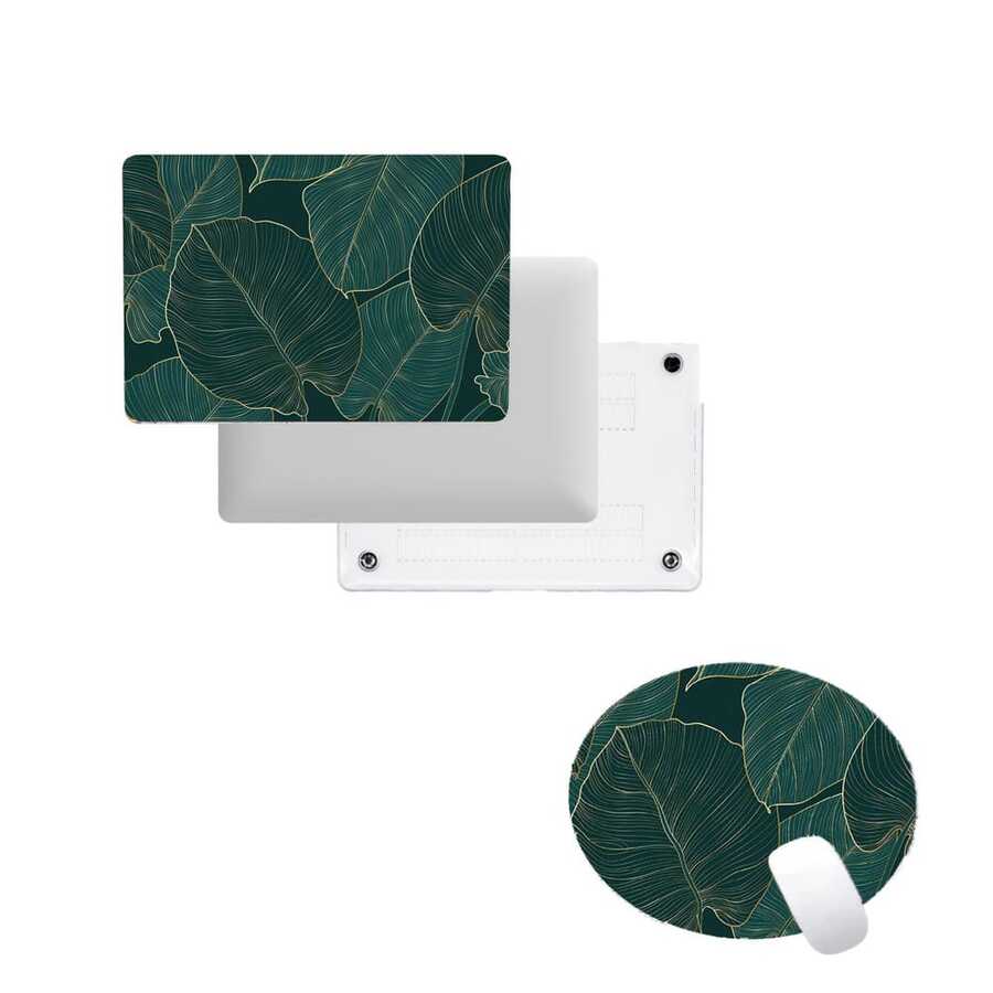 Marble Pattern Laptop Case + Mouse Pad Set - Dark Green Leaves - View 1