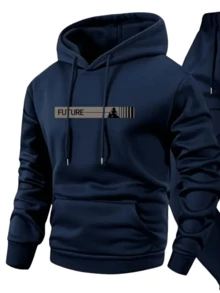 Men's Polyester 2 Piece Hoodie And Jogger Set Navy Blue Minimalist Future Graphic Print Urban Streetwear Soft Breathable Athletic Loungewear Relaxed Fit With Kangaroo Pocket For Gym Running Casual Daily Wear And Outdoor Hangouts Modern City Style Outfit Comfortable All Season Activewear - Màu xanh lam - Xem 3
