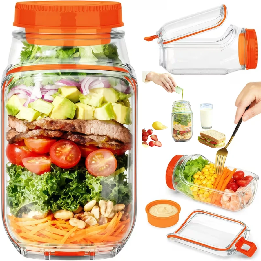 1个侧开式防漏盖沙拉罐，可重复使用，带独立调料盒隔层，适用于沙拉、酱汁、汤、三明治，可用于微波炉、洗碗机、冰箱密封沙拉容器，适用于备餐、午餐、晚餐、办公室和外卖。 - 彩色 - 查看 1