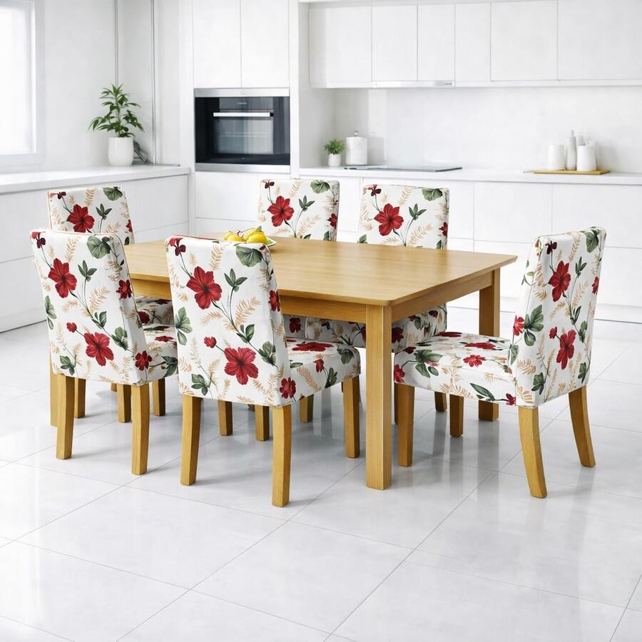 Chair Cover Set For 6 People, Kitchen/Dining Room, Printed Gel Knit - 白色/紅色花卉 - 查看 1
