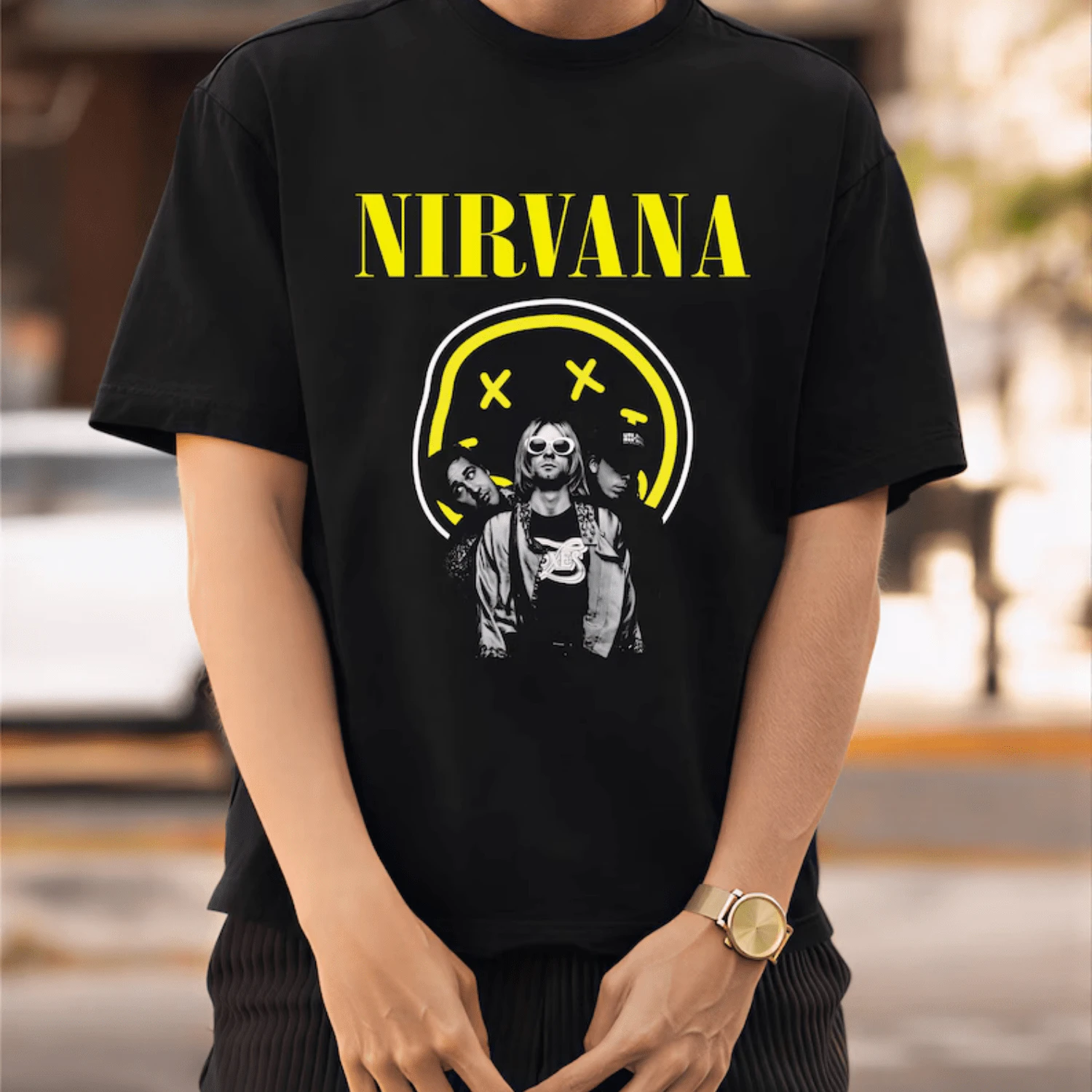 Nirvanas Face Band T-Shirt, Kurt Cobains Grunge Rock Tee, 90s Alternative Music Shirt, Vintage Rock Graphic T-Shirt Unisex - 黑色6 - 查看 1
