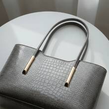 LaytonVivian L0032 Women's Large Structured Handbag With Shoulder Strap, Elegant Croco Texture, Spacious For Work And Everyday Use - Grey - View 3